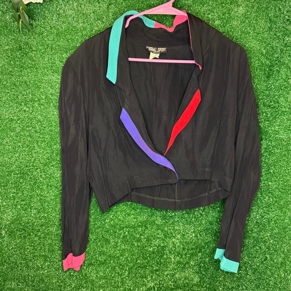 Vintage 80s M.L. Sport Black Colorblock Cropped Blazer Jacket Petite USA Small
